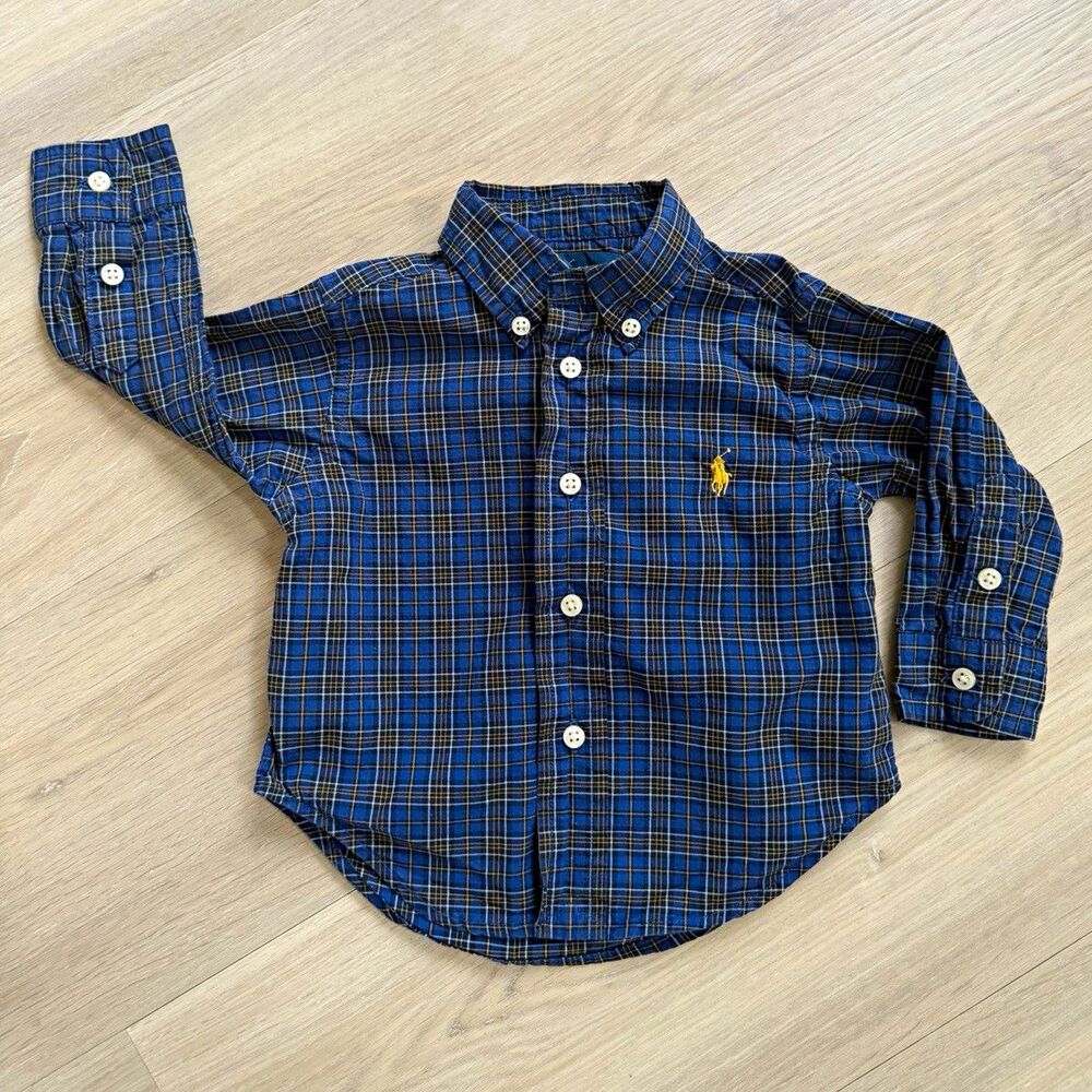 Ralph Lauren 9M Boys Blue Plaid Long Sleeve Button-Up Shirt Polo Pony Luxury